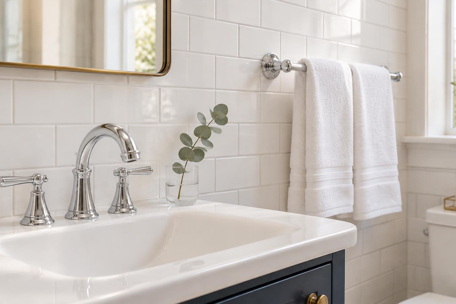 A spotless bathroom with gleaming chrome fixtures and folded towels