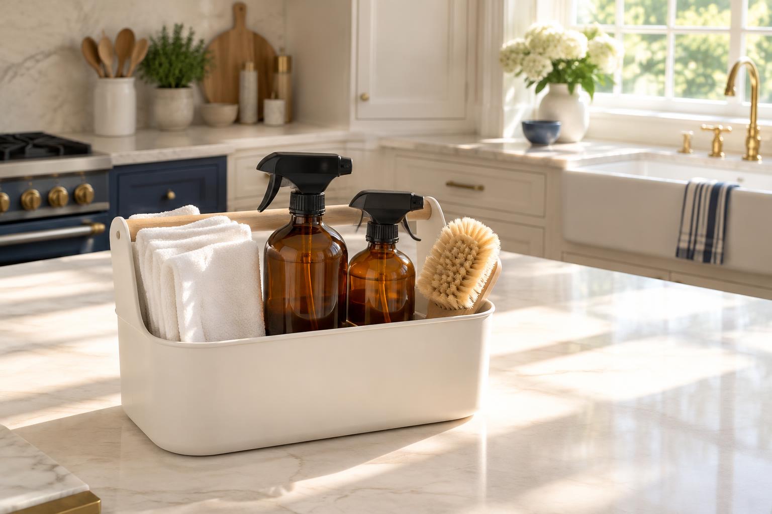 Cleaning supplies arranged on a bright kitchen counter